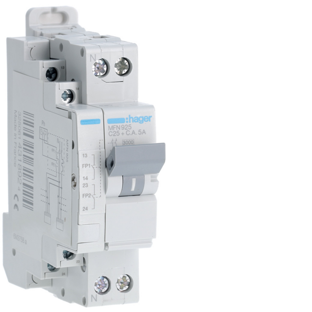 Disjoncteur fil pilote Phase + Neutre 25A 3kA Courbe C bornes à vis 1,50 Modules
